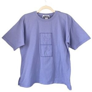 T4 1990s Vintage SK Sport Lilac Embroidered Flower‎ Patch T Shirt Cotton Casual